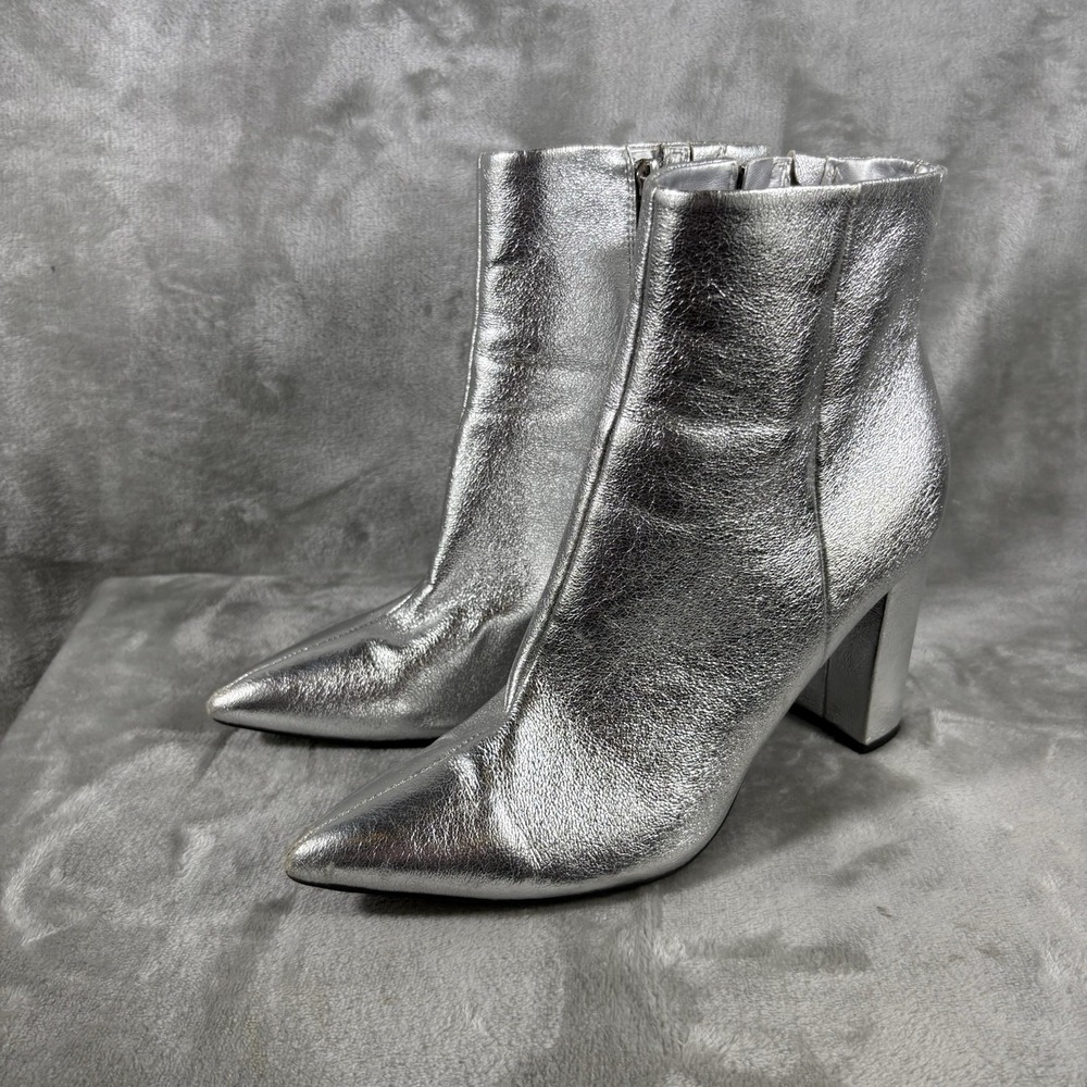 Marc Fisher Women's Boots Thick Heeled‎ Bootie Silver Faux Zip Pointed 10M
